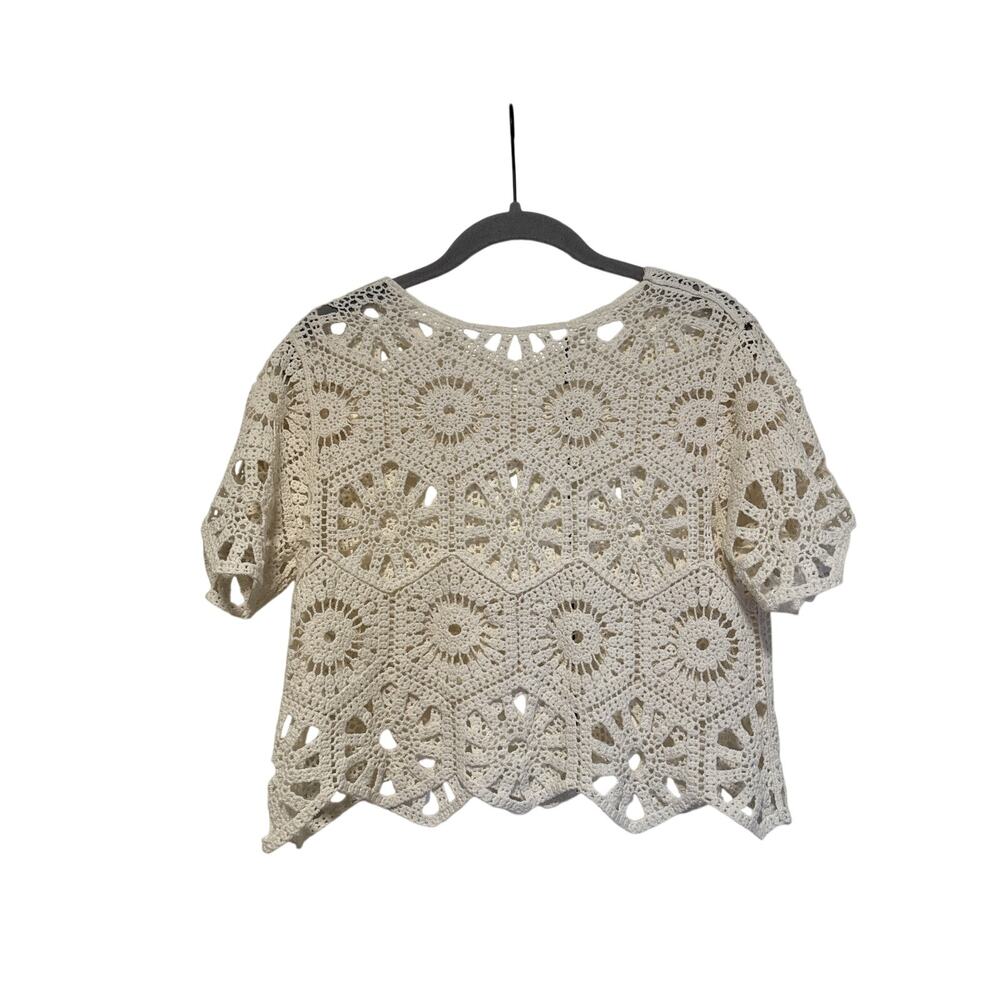 White Crochet Short Sleeve Crop Top Sz M Unbranded - Picture 6 of 6
